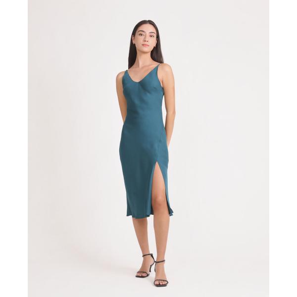 High Quality 100% Silk Fashion casual open back slip dress for women in emerald